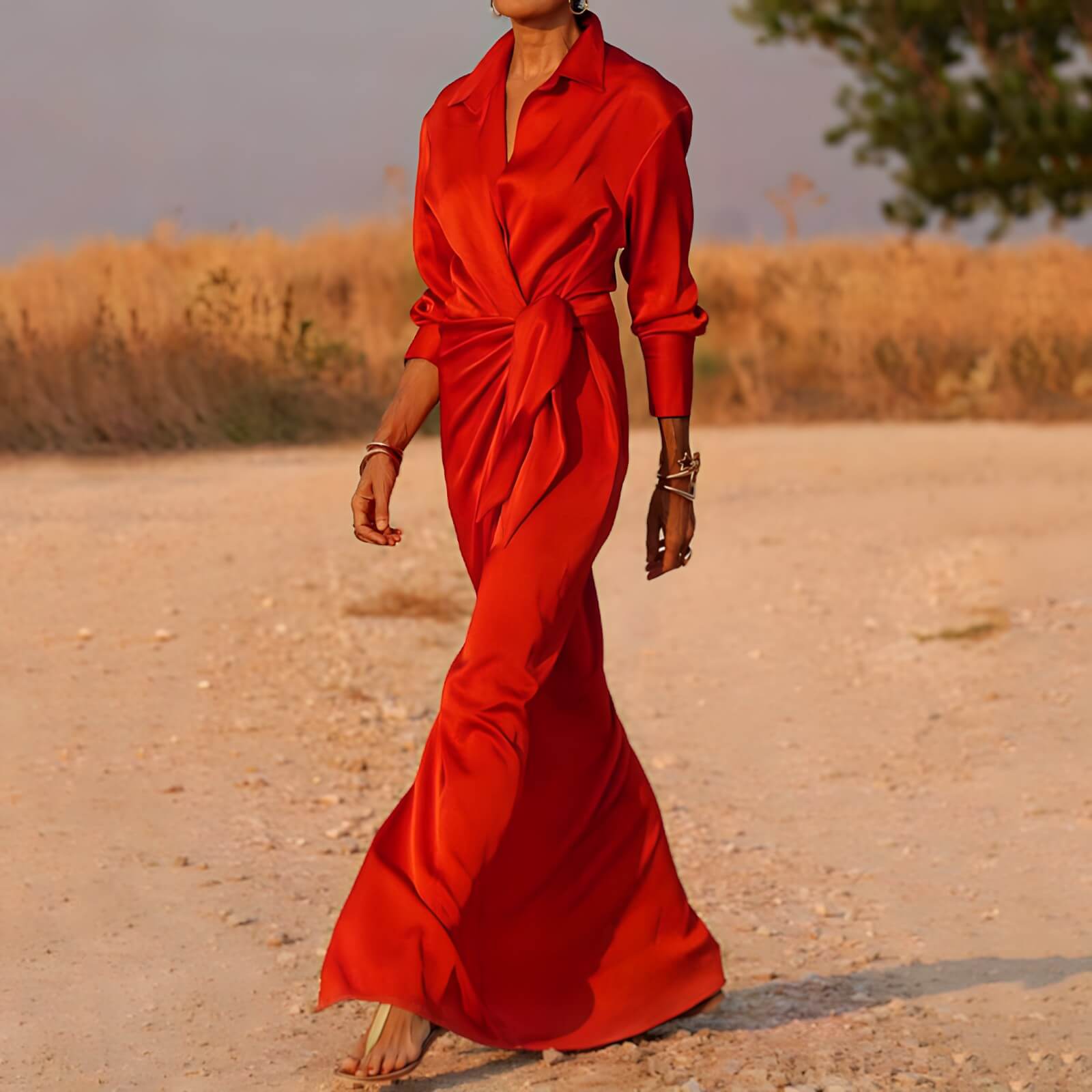 Vestido Longo Cetim Transpassado com Amarração Glend