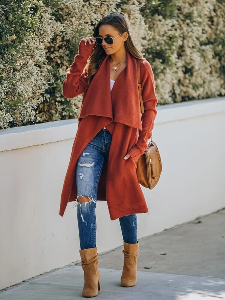 Cardigan Feminino Alongado Ponto Aberto Laranja