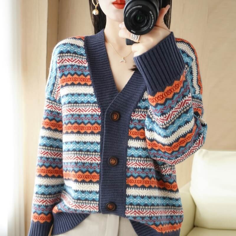 Cardigan Feminino Jacquard com Botões Azul Marinho 