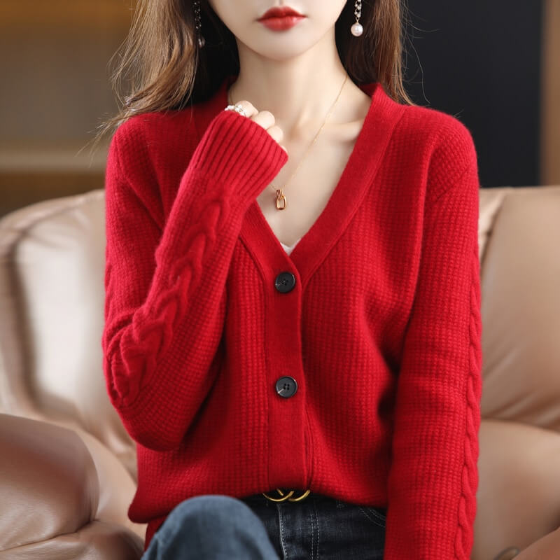 Cardigan Casual Feminino de Lã Vermelho 1